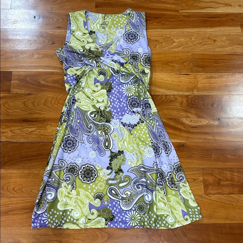 PrAna Sleeveless Stretch Paisley Faux-Wrap Dress in Purple & Green Sz Large